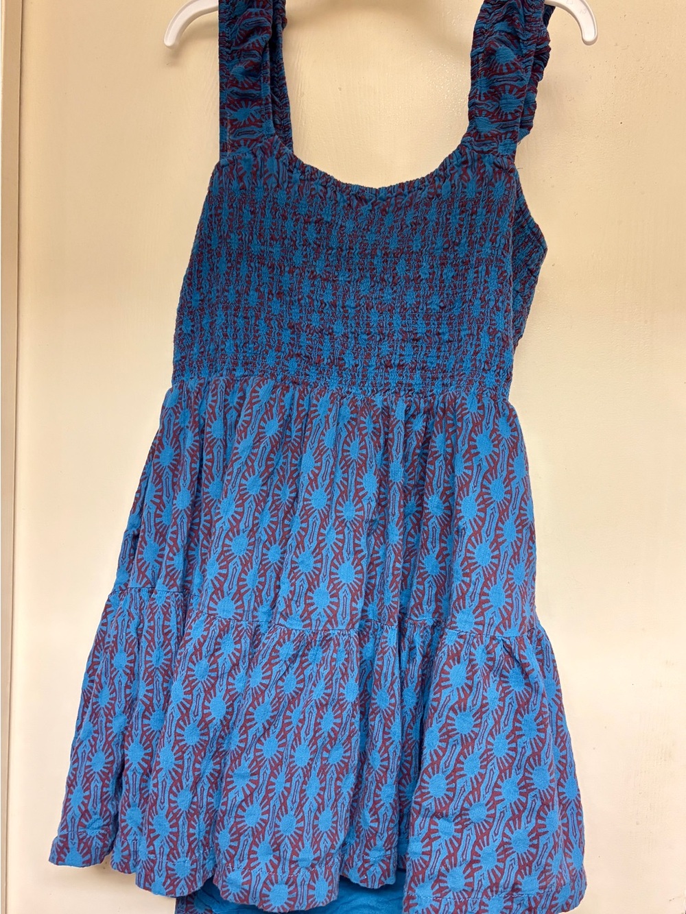 Free People Blue and Brown Printed Smocked Mini Dress -SZ medium